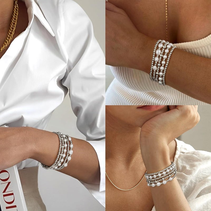 adoyi Gold Bracelets for Women Beaded Bracelet 14K Gold Plated Bracelet Stack Strand Stretch Bead Ball Bracelet Set Stackable Bracelet Adjustable Bracelet Set Jewelry for Gifts - Image 4